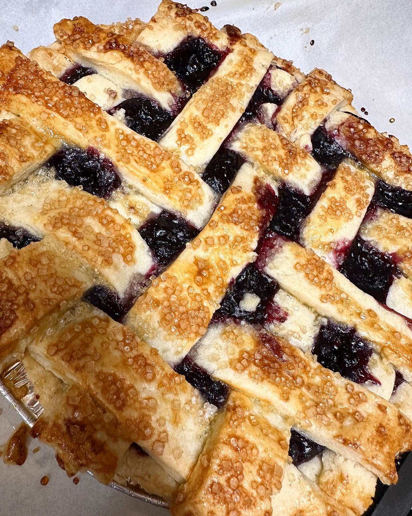 Lattice-topped blueberry pie fresh from the oven