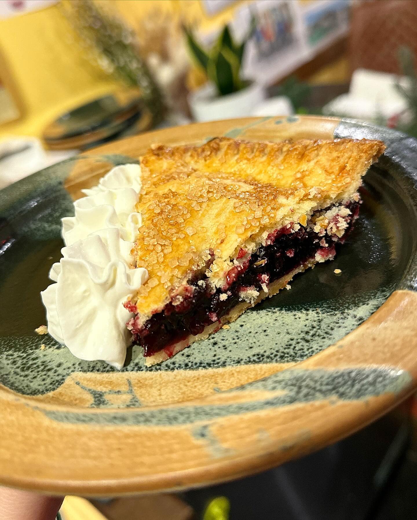 Slice of blueberry pie with whipped cream on handmade plate