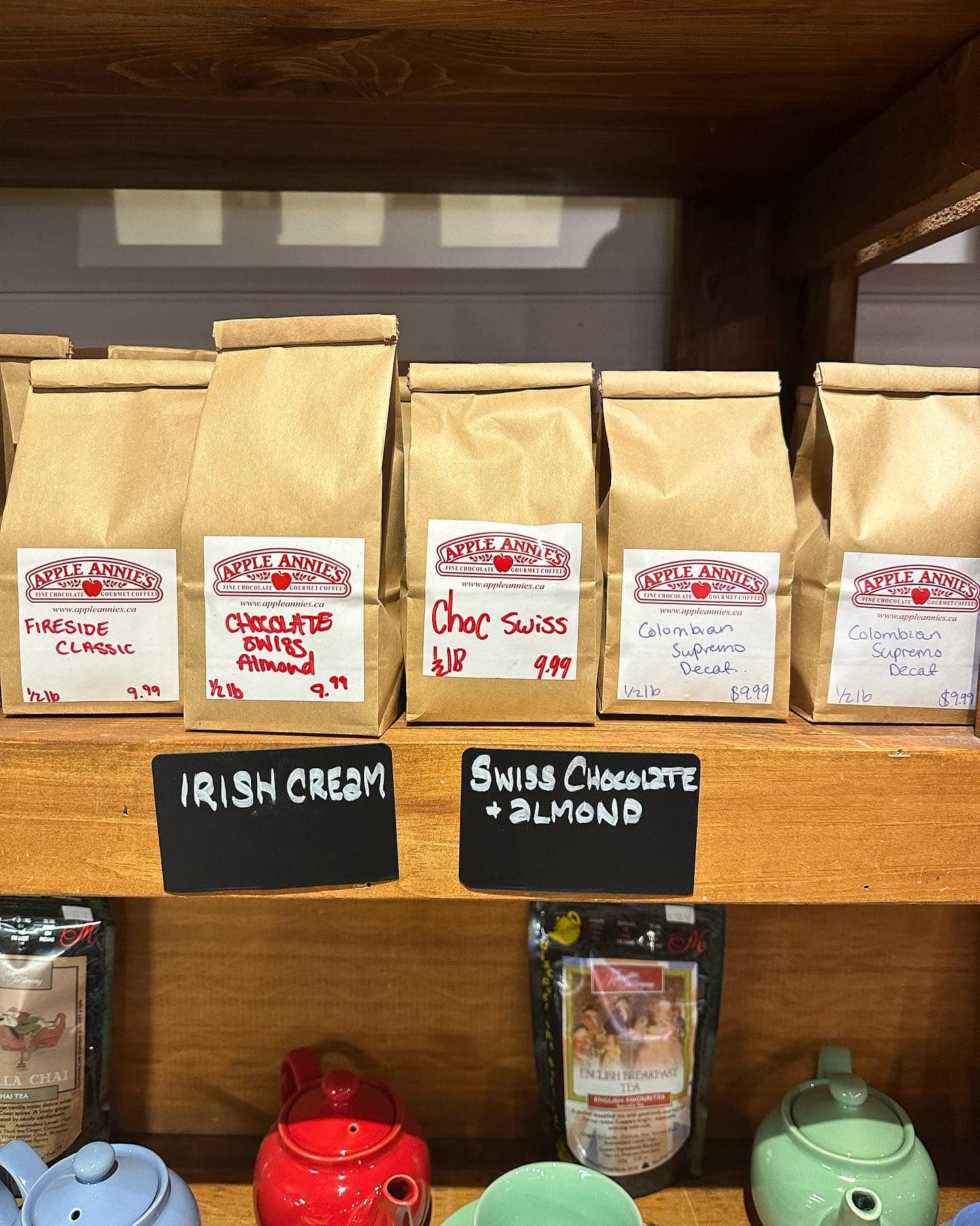 Apple Annie's branded coffee bags on the shelf