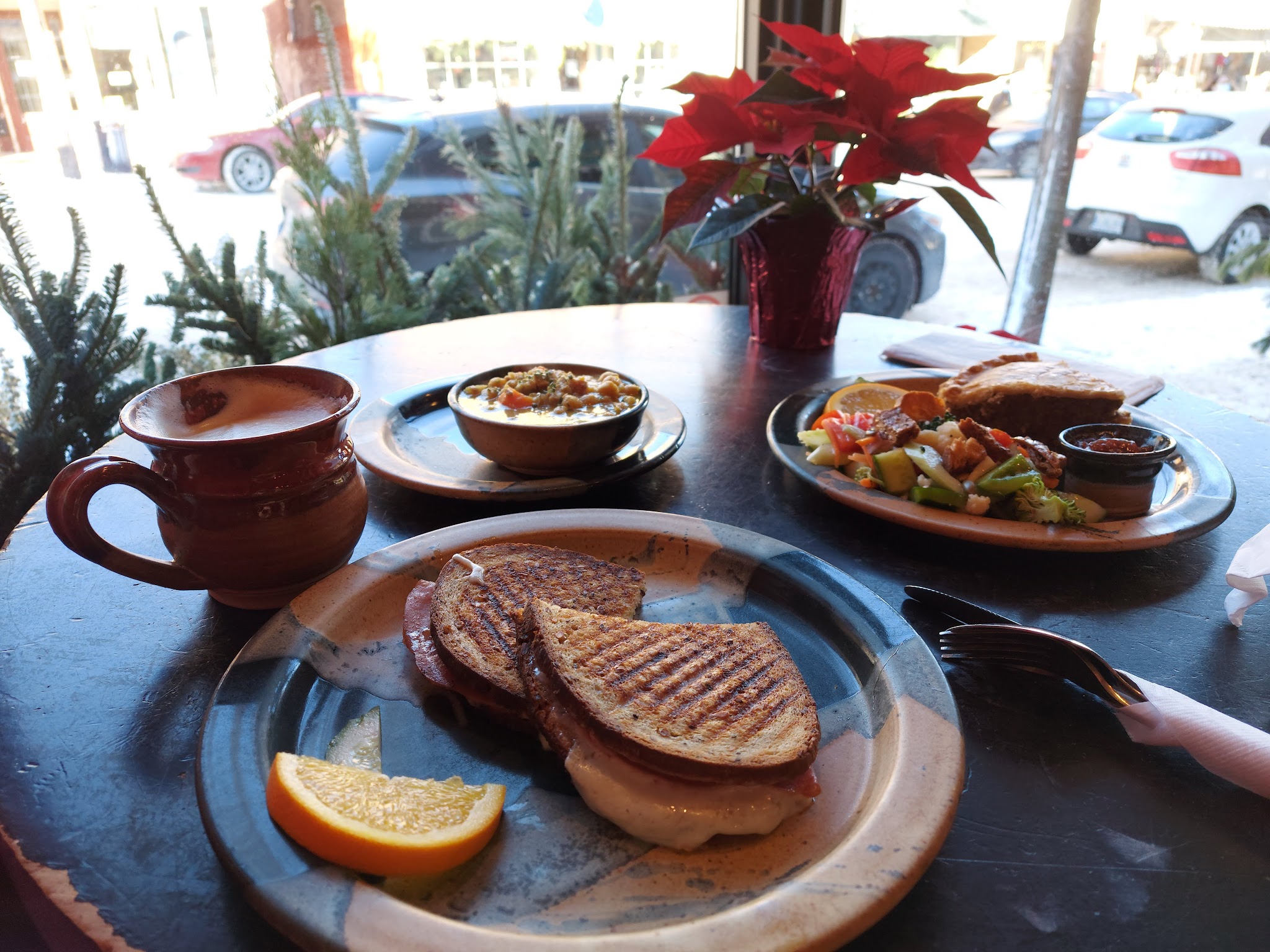 Breakfast plates by the window overlooking downtown