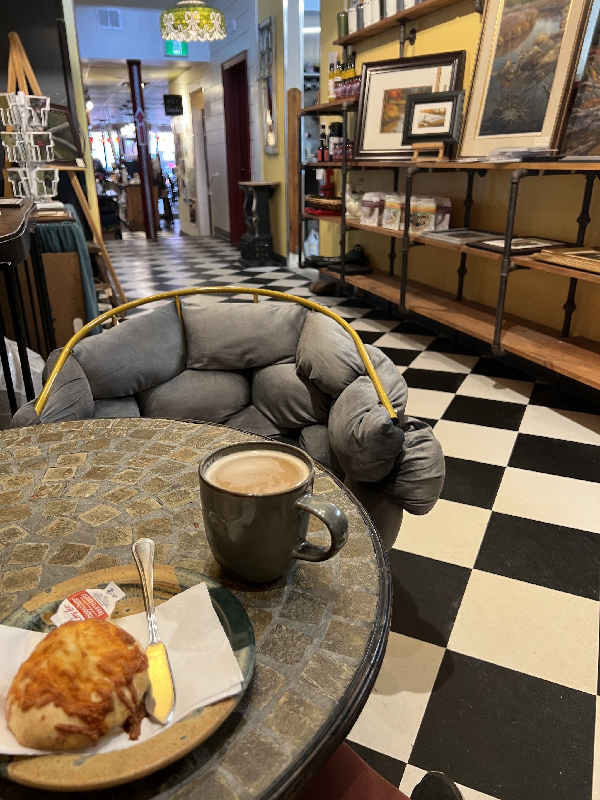 Interior view through the cafe window to downtown Orillia